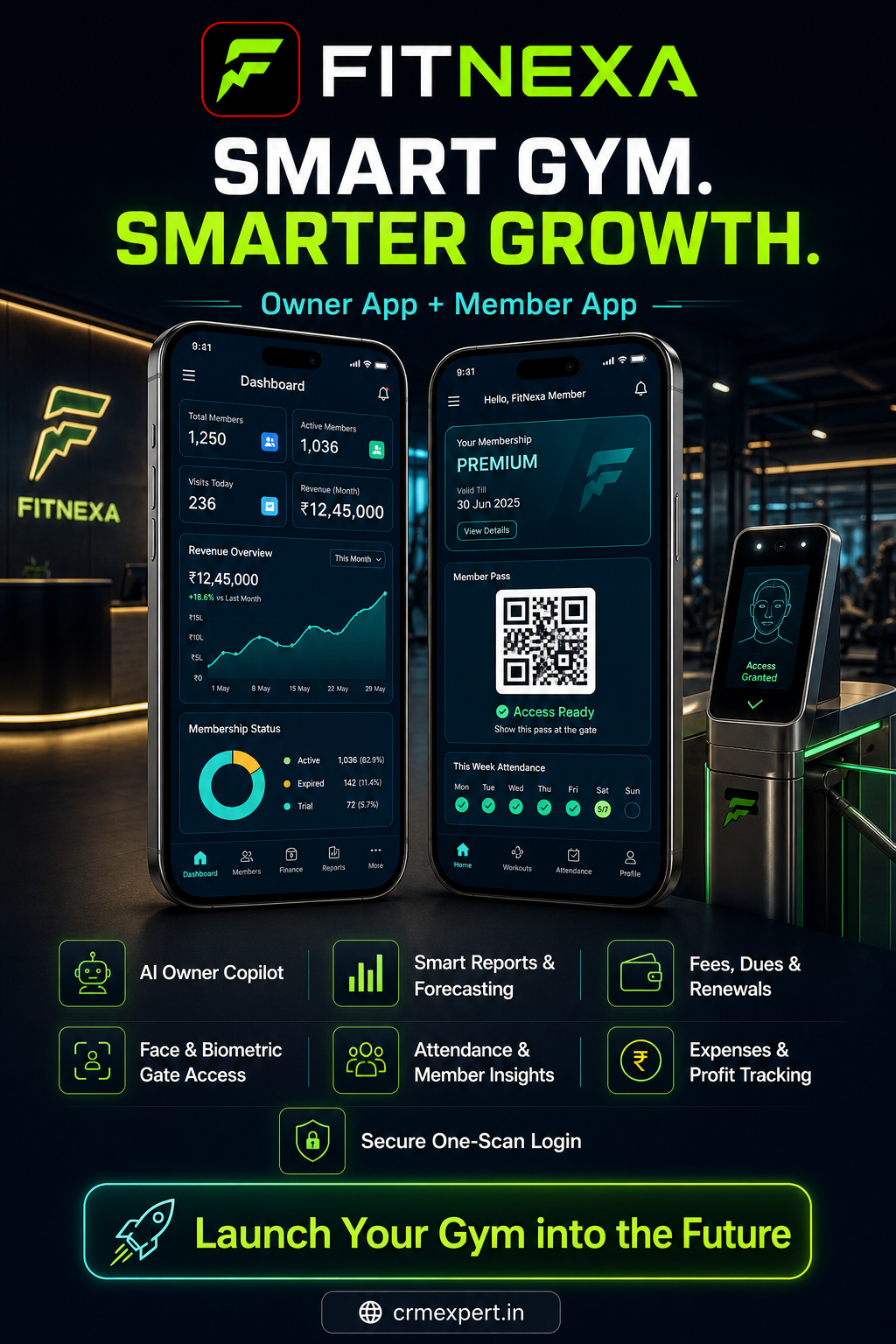 FitNexa owner app member app biometric gate and smart gym features